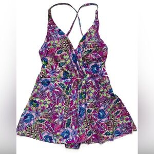 NWT Stella Parker Floral Women’s Swim One Piece Swim Dress Tummy Tone Ties .